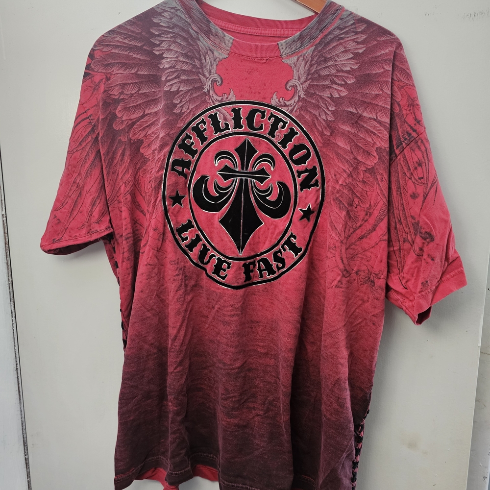 Affliction Red Short Sleeve Tee with Distinctive Design